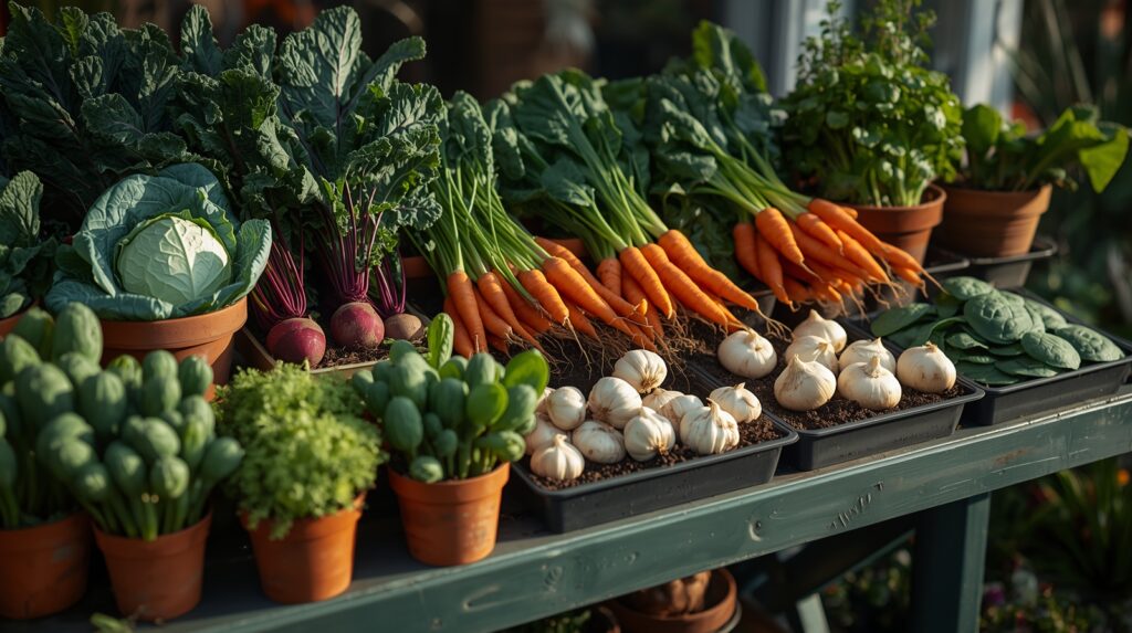 Shelves stacked with winter vegetables including cabbage, carrots, leeks, kale, and root crops arranged neatly in a rustic wooden display.