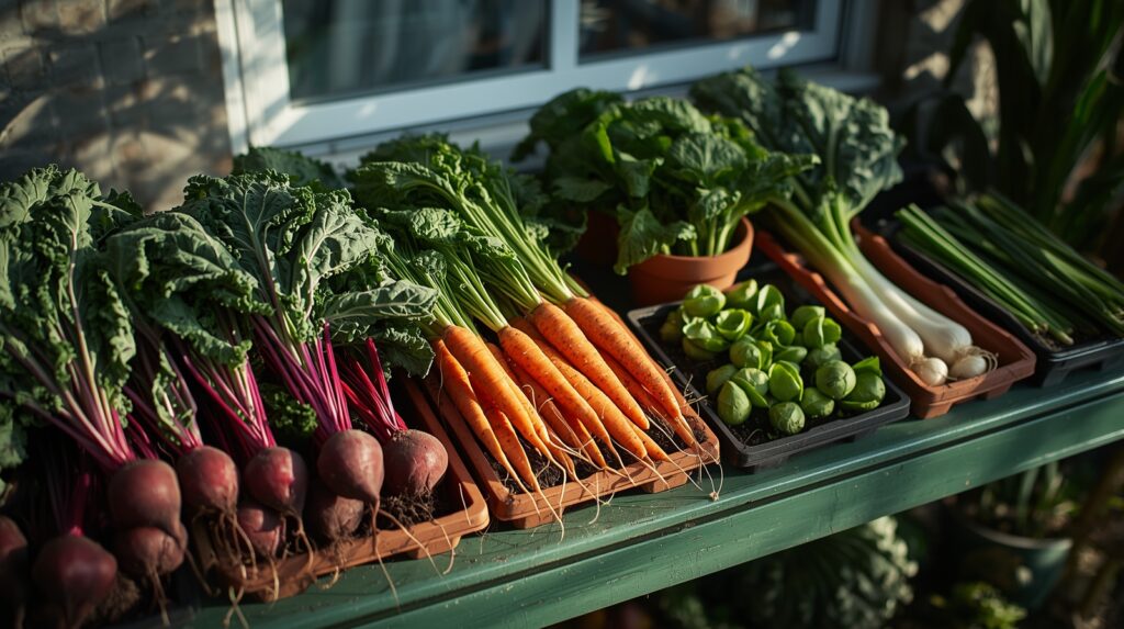 Assorted fresh vegetables such as carrots, cabbage, garlic, chard, and leafy greens displayed on an outdoor potting bench with potted herbs.