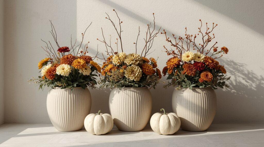 Ceramic pots filled with mixed orange, brown, and yellow mums accented with branches and styled with white pumpkins.