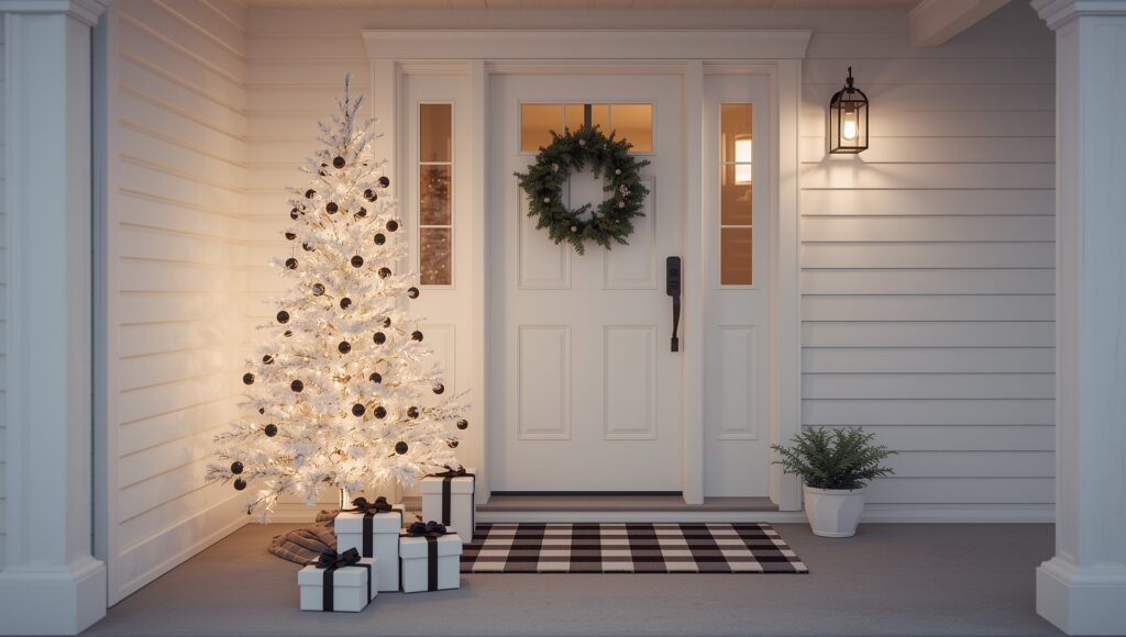White Christmas tree decorated with matte black ornaments beside wrapped black-and-white presents and a black-and-white checkered doormat.