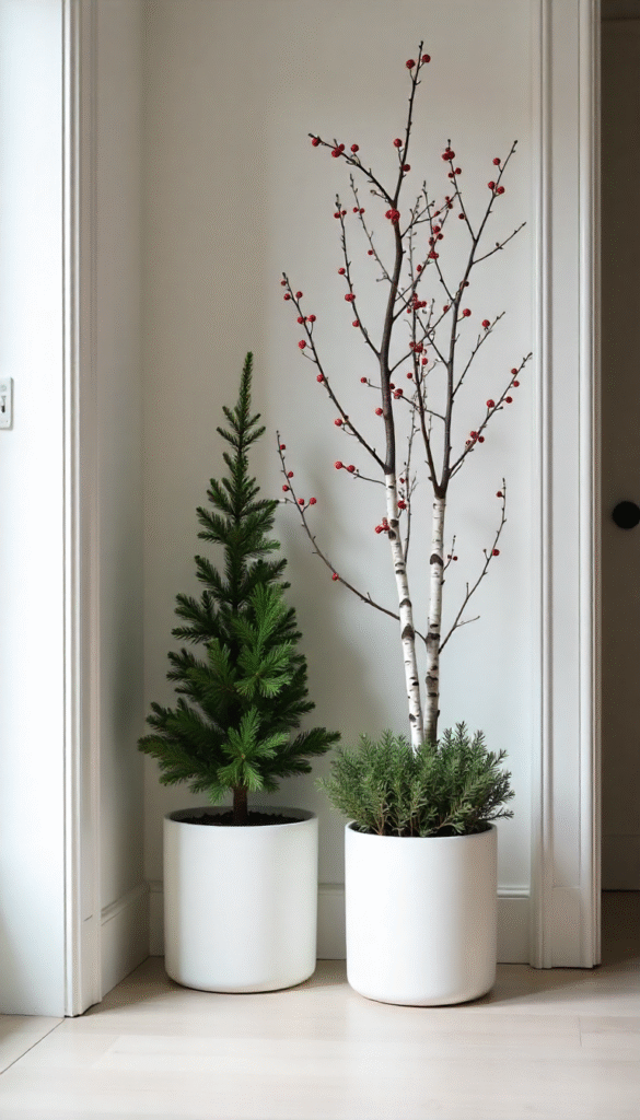 Contemporary white Christmas planter arrangement with birch branches, evergreen foliage, and all-white ornaments