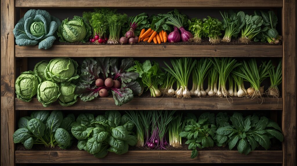 Colorful winter vegetables including carrots, beets, chard, and green onions arranged on a garden shelf in natural outdoor light.