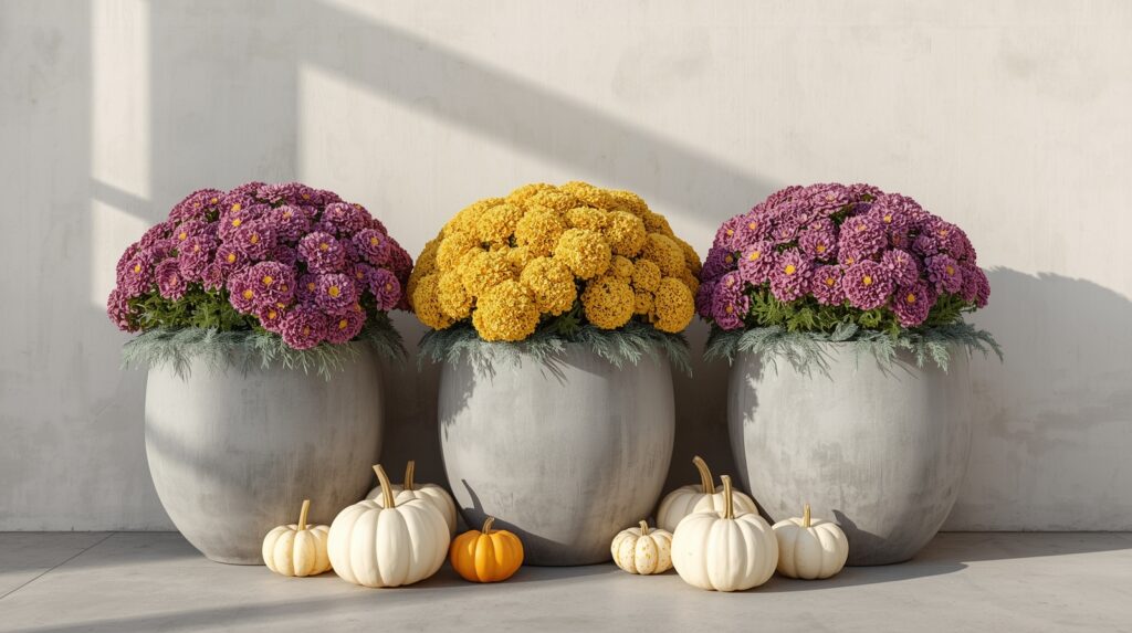 Concrete planters with yellow and purple mums and scattered white pumpkins.